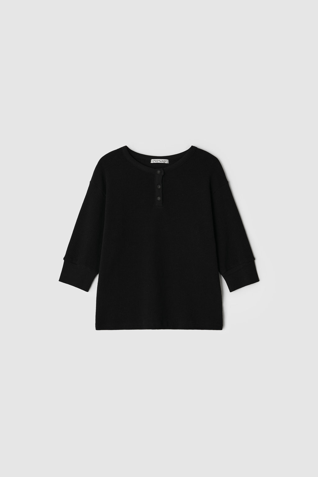 HENLEY NECK WAFFLE TEE - BLACK