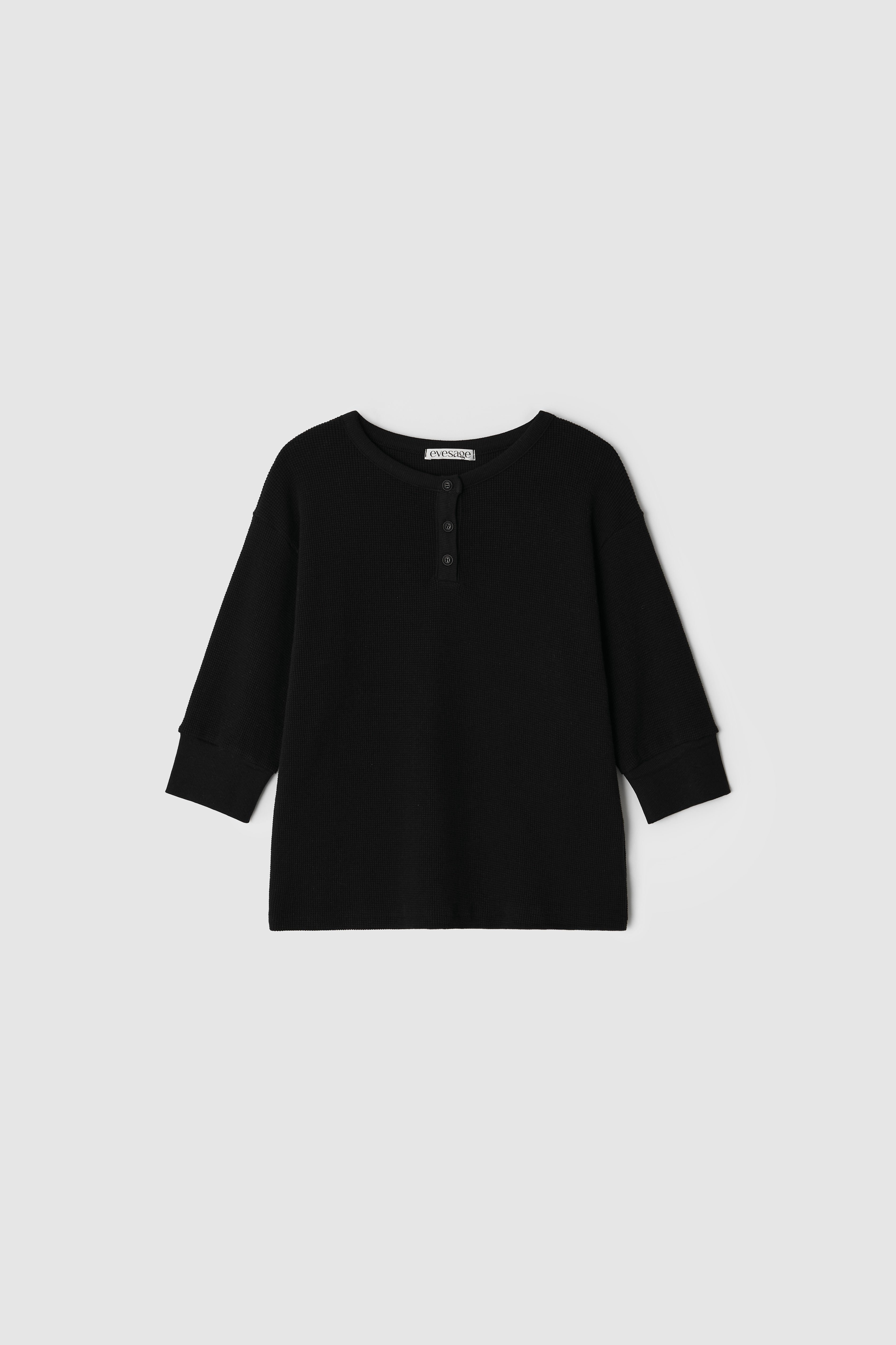 HENLEY NECK WAFFLE TEE - BLACK